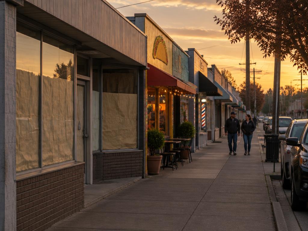 Storefronts and a papered-over vacancy along 76th Ave S at sunset