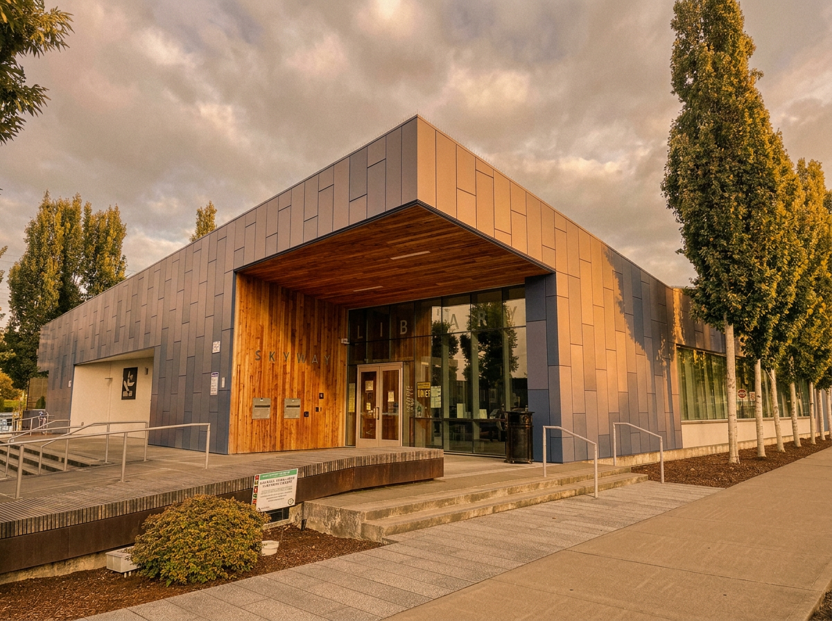 The blue-paneled Skyway Library on 76th Ave S