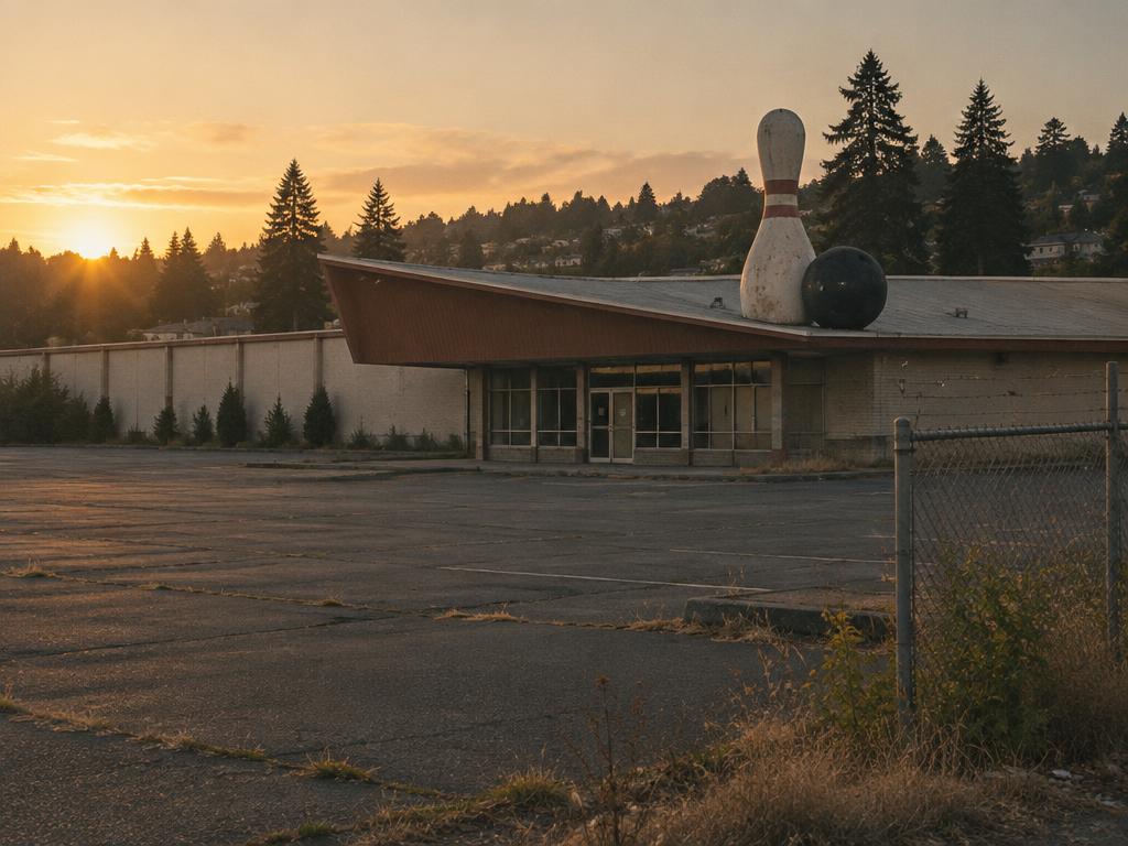 The closed Skyway Park Bowl building and its empty parking lot