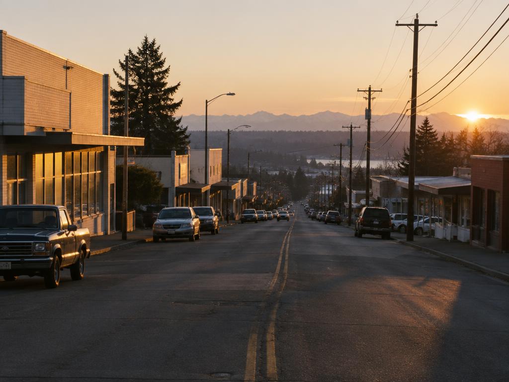 Renton Ave S looking downhill past low storefronts at golden hour