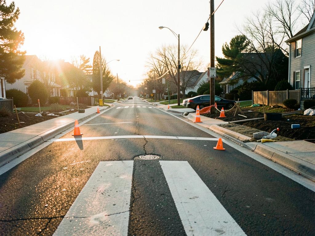 Fresh crosswalk paint, curb ramp work and traffic cones on a neighborhood street